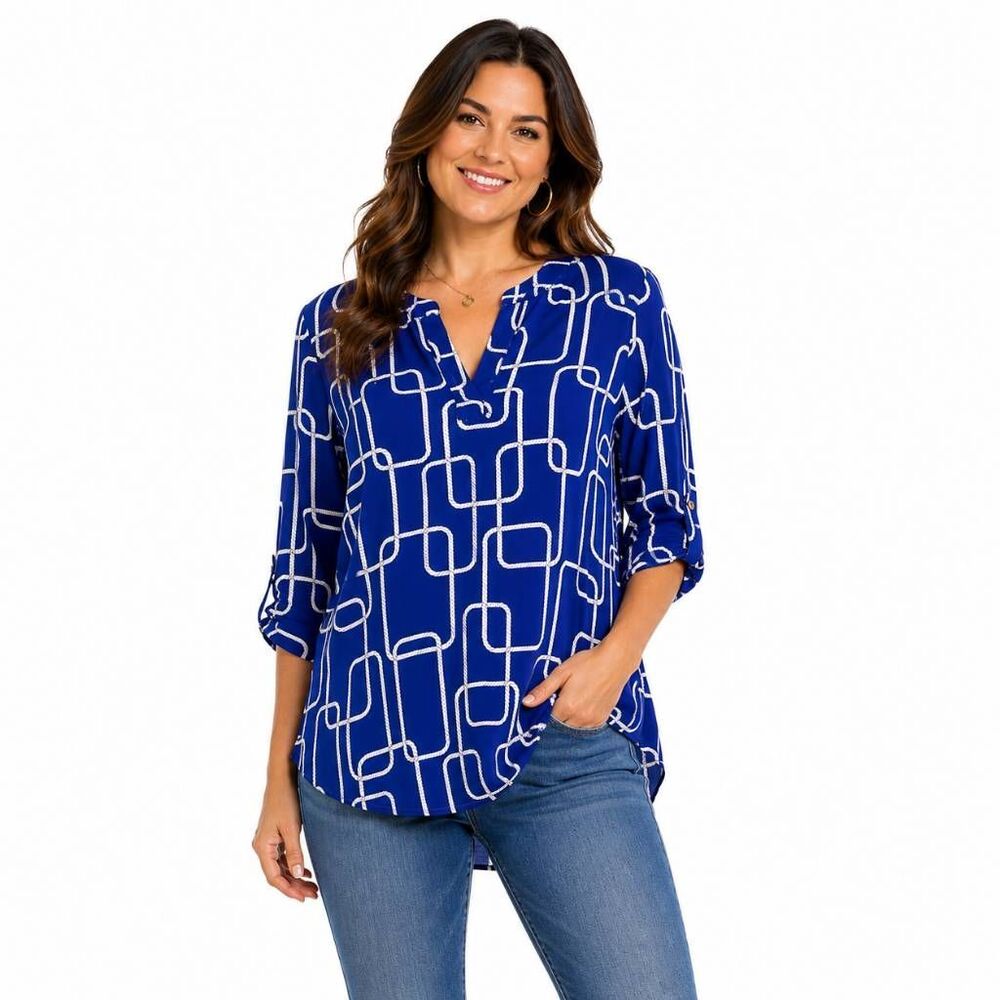 Cato 1946 L Blue White Rope Print Long Sleeve Blouse
